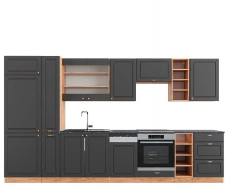 Vicco Küchenzeile Fame-Line, Anthrazit Landhaus/Goldkraft Eiche, 355 cm | 12 Module · Höhenverstellbare Füße · AP Anthrazit inkl. · MDF-Fronten · Softclose · Metallgriffe