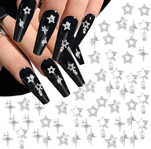50 Stück Stern Nagel Charms Silberne 3d-Sterne Nagel Edelsteine Stern Charms Acrylnägel 4 Stile Y2k Nagel Strasssteine Nagelzubehör 3d Legierung Nagelkunst Charms Für Mädchen Nageldesign Diy-Basteln