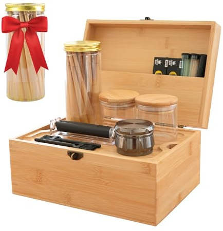 Coozyupper Large Bamboo Storage Box with Removable Tray Kit - Decorative Box Set, Glass Jars, and Accessories Wooden Storage Kit and Accessories Tool.Birthday Gifts