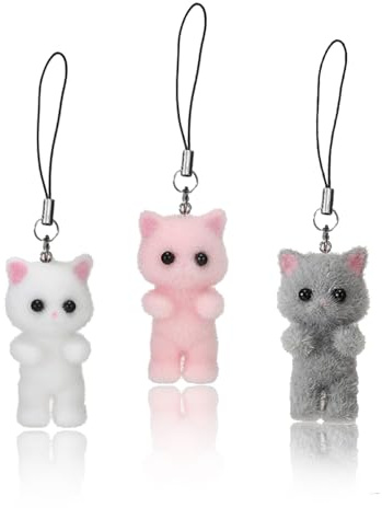 Hebterrka 3 stycken söta katter mobiltelefon berlocker, Kawaii rosa mobiltelefon berlocker, nyckelring väska berlocker