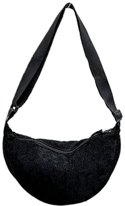 SCOFY FASHION Borsa a mezzaluna in velluto a coste da donna, leggera, portatile, borsa a tracolla, borsa da petto minimalista, Nero , One Size