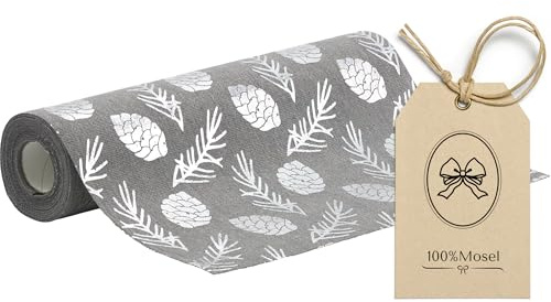 100%Mosel Tischläufer Leinenoptik Grau, Kiefernzapfen in Silber, (28 cm x 5 m), Tischband, edle Tischdeko für Weihnachten & Adventszeit, Festliche Dekoration zu besonderen Anlässen