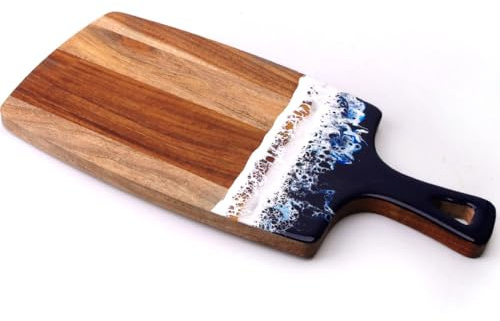 Cutting Board Gift for Beach Lovers, Ocean Resin Charcuterie Board Set, Unique Gift for Couple, Gift for the Fifth Year (Board with Handle 15”x7.3”)