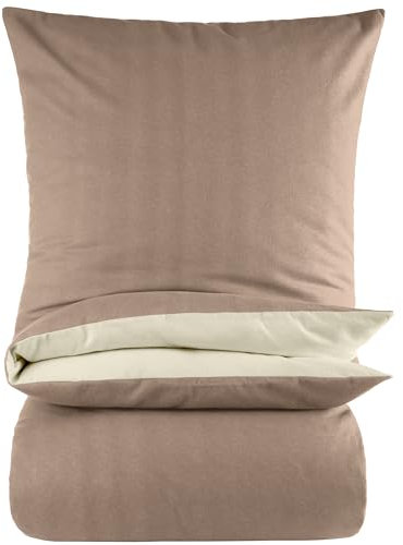 BaSaTex Biber Uni Bettwäsche Set - Bettbezug 155x220 + 80x80 Kissenbezug - kuschelige warme Winter Flausch Bettgarnitur - Taupe Natur