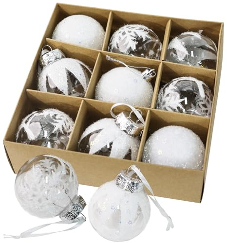 9 Weihnachtskugeln – 6 cm, Transparente Kugeln mit weißem, schneeflockenähnlichem Flockendesign, 3 Stile – Elegante Winterdekoration für Weihnachtsbaum, Kunststoff Christbaumkugel, Weihnachtsdeko