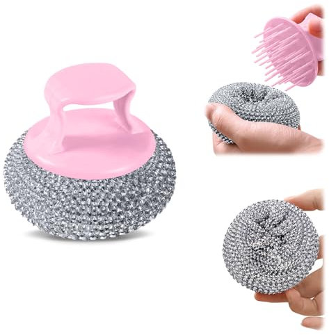 10er Pack Stainless Steel Wool Scrubber with Handle, Pot Scrubbers Dish Scrubber Cleaning Brush Wash for Dish, Stainless Steel Scrubbing Brushes Cleaning Supplies for Pots, Pans, Grills, Sink (Pink)