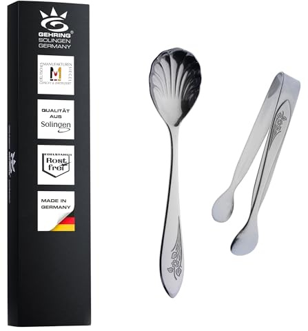Gehring Solingen Flower Zuckerzange und Zuckerlöffel 2er Set I Servierzange für Candybar I Edelstahl Besteck für Kaffeetafeln I Eiswürfelzange I Muschellöffel I spülmaschinengeeignet I Made in Germany