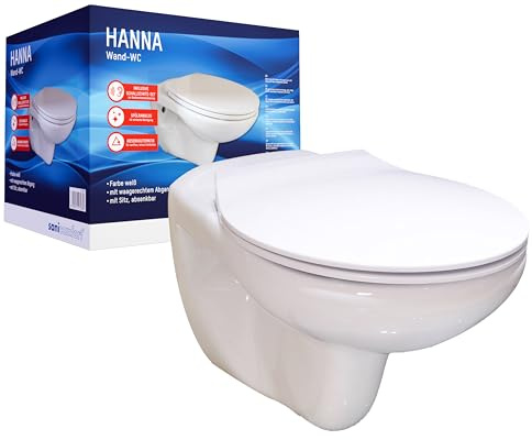 sanicomfort Wand-WC Set Hanna – Spülrandloses WC mit Absenkautomatik & Schallschutz | Hänge WC mit waagerechtem Abgang | Hygienisch & leise | Weiß