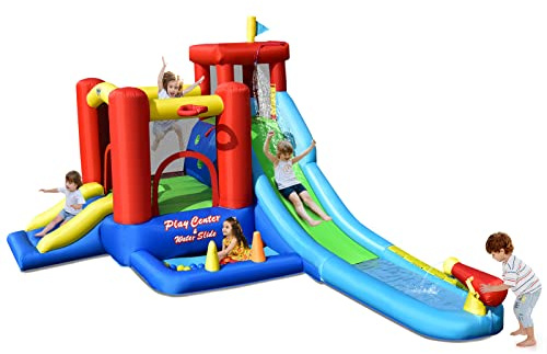 COSTWAY Inflatable Bouncy Castle, Giant Kids Bounce House with Water Slide, Climbing Wall, Ball Pit, Water Cannon, Ball Pit, Splash Pool, Blow up Water Park Inflatables for Outdoor Indoor Play