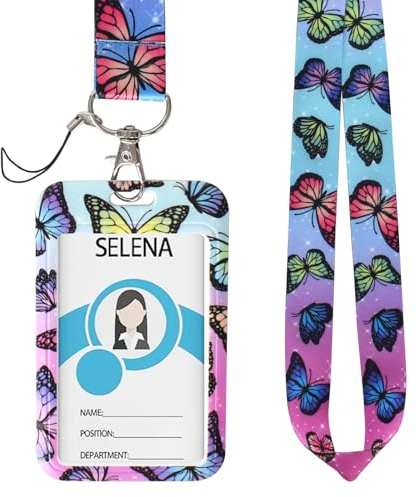 ID-kortshållare, lanyard med korthållare, plastskal med avtagbar snodd, perfekt för kontor och skolor, animerade vuxna barn (fjärilsmönster) (lila)