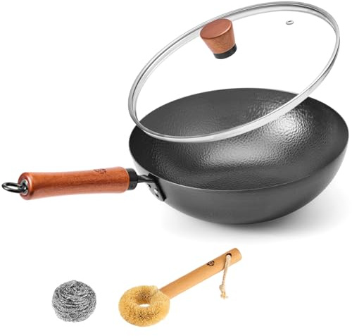 WANGYUANJI 11 Inch Round Bottom Iron Wok, Hand-Hammered Uncoated Wok with Wooden Handle, Traditional Stir-Fry Pan for Gas Stove or Wok Ring, Not for Flat Cooktops
