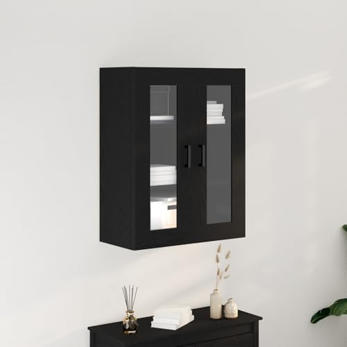 Qnhdfrt Wandschrank mit Glastüren Massivholz Eiche Schwarz 69,5x34x90 cm Moderner Vitrinenschrank mit Schiebetüren und 3 Regalen für Wohnzimmer Esszimmer