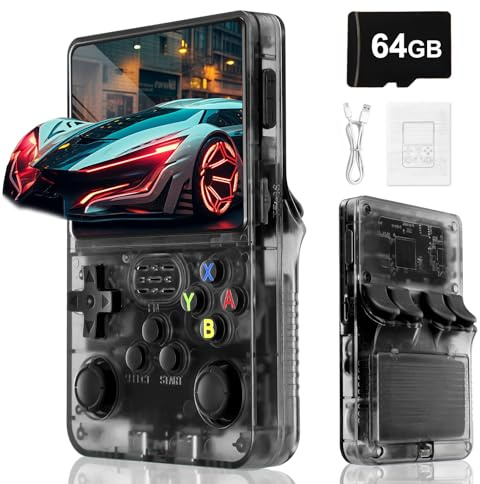 Blidinner R36S Retro Konsole – Ausgestattet mit Open Source Linux,langlebigem 3000 mAh,64GB TF Karte,über 20000 Spielen,3,5-Zoll-Bildschirm,tragbare Handheld-Spielkonsole für Jugendliche,schwarz
