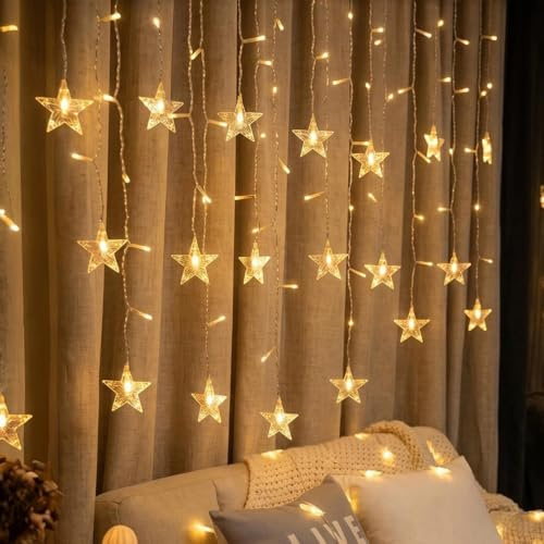 MUCHER Curtain Lights Indoor, 2m×0.7m 48LED Tangle-Free Star Curtain Fairy Light with Remote & Timer, USB Plug in 8 Modes Hanging Twinkle Star String Lights for Bedroom Christmas Wedding (Warm White)
