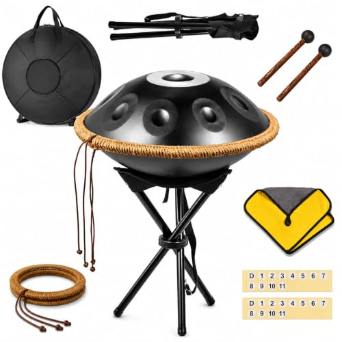 56cm Handpan Drum Set, Professional 9 Notes G Minor 440Hz Hand Pan Drum, 1.2mm Nitrided Steel Percussion Instrument Set with Soft Bag, Stand, Mallets, Braided Rope black