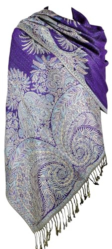 Achillea Soft Silky Reversible Paisley Pashmina Shawl Wrap Scarf w/Fringes (Purple Turquoise)