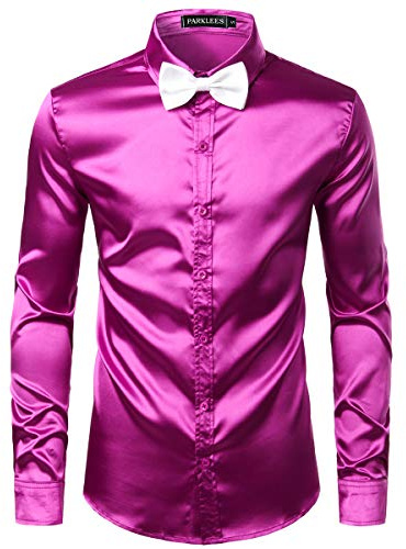 PARKLEES Camicia da uomo lucida slim fit in satin a maniche lunghe per il tempo libero e business, ideale per la sera e il nightclub, Lilla, M