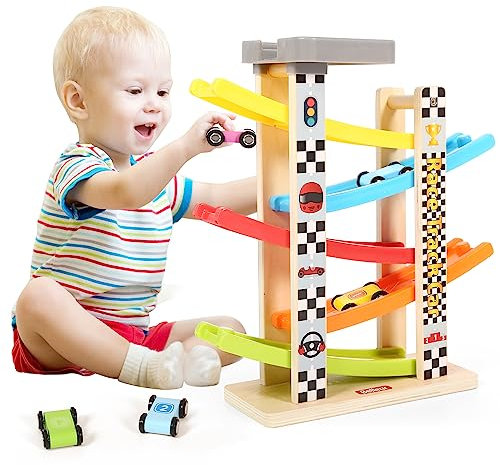 Belleur Murmelbahn Auto-Rennbahn aus Holz mit 5 Mini-Autos & 5 Rampen, Auto-Rennbahn für 1-3 Jahre alte Jungen und Mädchen, perfektes Holzspielzeug Babys Geburtstagsgeschenke, Besuchsgeschenke