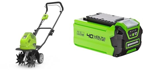 Greenworks Motozappa a batteria G40TL, Li-Ion 40V con 4 lame appositamente temprate profondità di lavoro 20 cm larghezza & Greenworks Batteria G40B2 sistema di ricarica rapida Li-Ion 40V 2Ah