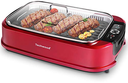 Smokeless Indoor Grill, Techwood 1500W Electric Grill Portable Korean Grill Non-Stick Grill Plates with Temperature Control, Removable Drip Tray, Tempered Glass Lid, Dishwasher-Safe