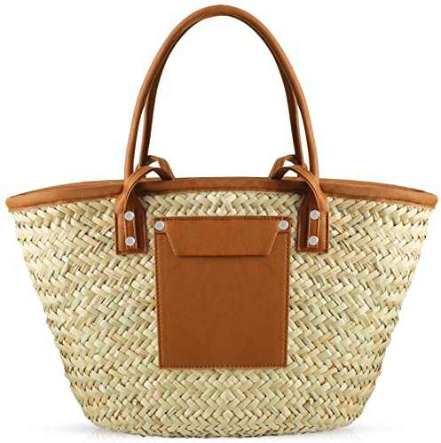 QTKJ Sommer-Strandtasche, handgewebte Strohtasche, Korbtasche, Leder-Panels, Handtasche, Stroh-Crossbody-Taschen für Damen, Rattan-Umhängetasche, Beige