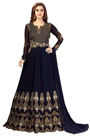 TRENDMALLS Kurta Set Georgette-Stickerei Indianisches Pakistanisches langes Anarkali-Kleid für Frauen Ethno-Kleid, Dunkelblau, Medium