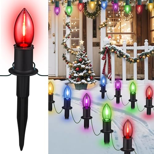 C9 Christmas Pathway Lights Outdoor - 24.2 Feet 20 LED String Lights with Stakes, Waterproof Connectable Christmas Path Lights for Yard, Garden, Walkway, Driveway, Sidewalk Decoration, Multicolored