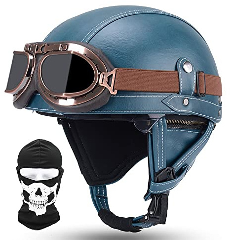 Retro Moto Casco Mezzo, Vintage Motorcycle Casco, Certificazione DOT/ECE, Occhiali Da Sole Incorporati, Con Passamontagna Maschera, Materiale ABS, Fodera Traspirante, Con Occhiali