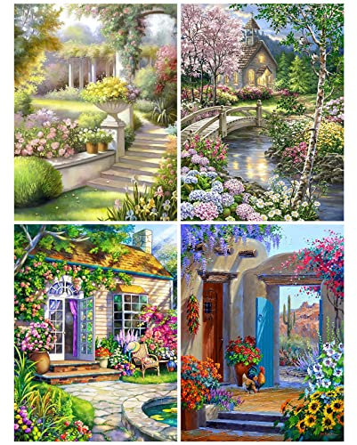 Diamond Painting Bilder Erwachsene Kinders, 5D DIY Diamant Painting Malerei Blumen Landschaft Garten, Daiments Bausätze Diamantmalerei für Home Décor Wand Dekorationen, Set 4er Diamant-Malerei
