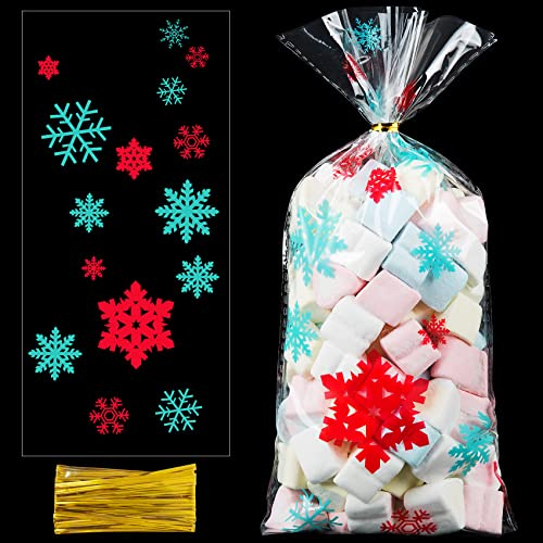 100 Stück Plätzchentüten Weihnachten Cellophantüten, Schneeflocke Kekstüten Weihnachten 12.8x27cm Klarsichttüten, Geschenktüten Weihnachtstüten Klein mit Twist Krawatten für Süßigkeiten Schokolade