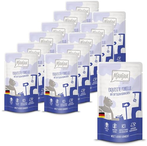 MjAMjAM - Premium våtfoder för katter - Quetschie - utsökt öring med saftig kyckling, 12-pack (12x125g), spannmålsfri