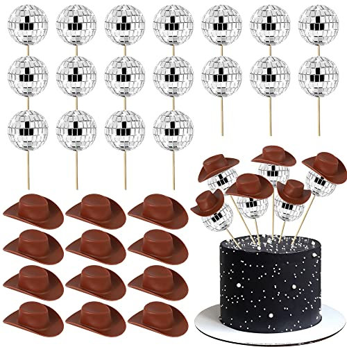 SYKYCTCY 40 Pack Disco Ball Cake Toppers Cowboy Hat 1970s Disco Ball Cake Pick Disco Mini Western Cowboy Hat Cake Decorations for Disco Bachelorette Birthday Party Supplies Brown