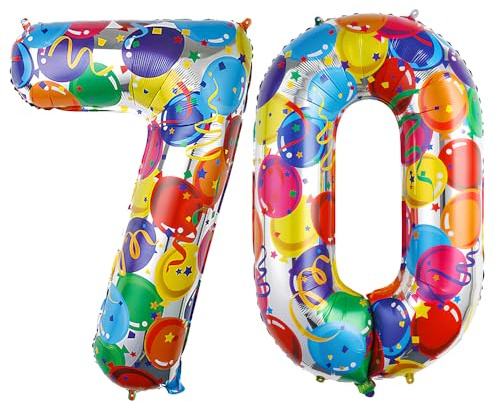 Ponmoo 40 Zoll Foil Luftballon Zahlen 70 Mehrfarbig (101cm), Aufblasbares Helium oder Luft, Riesige Folienballons Nummer 0-100, Große Ballones für Hochzeitstag und Geburtstag Party Dekoration