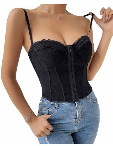 HUXRAKV Sexy Bustier en Dentelle pour Femme avec Bretelles Spaghetti Ouvertes sur le Devant Corset Bodyshaper Top pour Club,A-Noir,S