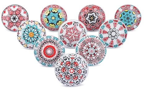 Ajuny Lot de 10 Boutons en Céramique Imprimés Floraux Roses pour Portes Placard Tiroirs et Meubles pour Cuisine Salle de Bain Armoires de Commode Décoratifs en Poterie Faits à la main