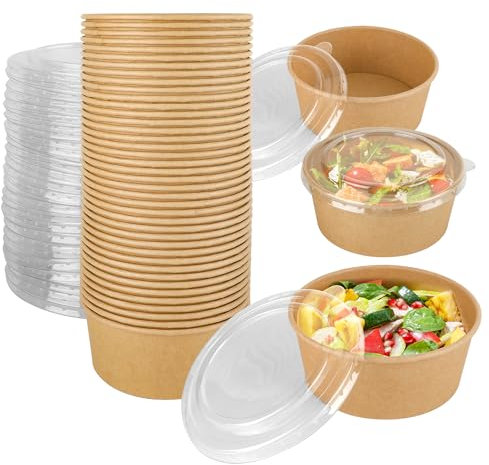 MATUFF 50 Pack 25 oz Paper Bowls with Lids, Disposable Soup Bowls, Heavy-Duty Salad Bowls, in Food Grade Kraft Paper Made, Eco-Friendly Durable No Leakage for Camping, Food Party Dessert Serving Bowls