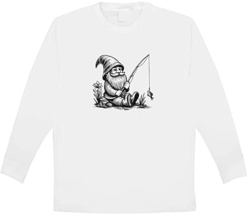 Azeeda 'Garden Gnome with Fishing Rod' Children's/Kid's Long Sleeve Cotton T-Shirt (3-4 Years) (KL00140689) White