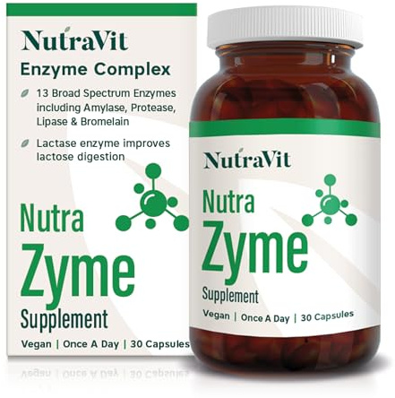 NutraZyme - Digestive Enzyme Complex - 13 Broad Spectrum Enzymes Including Amylase, Protease, Lipase & Bromelain, with Lactase for Lactose Intolerance - NutraVit, 30 Capsules