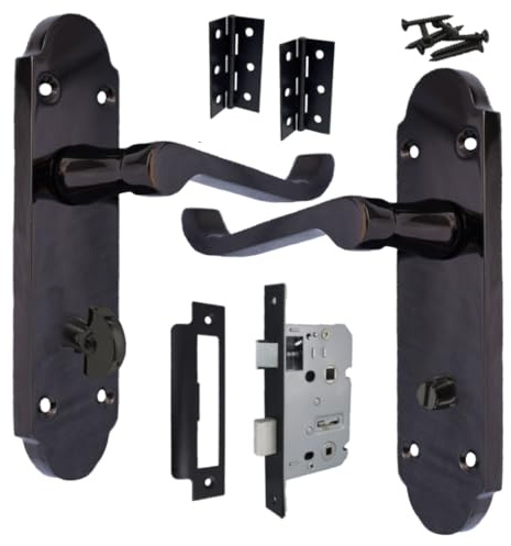 Betley Butterfly Victorian Scroll Epsom Bathroom Locking Door Handle - Bath Lock Pack Hinges Lever on Backplate Black Nickel Handles for Internal Wooden or Oak Doors