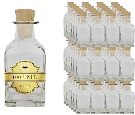 100x Bouteilles Carrées en Verre 100ml avec Bouchon en Liège - Mini Bouteille pour Liqueur, Whiskey, Rhum, Vin - Fiole Potion Magique - Idéales pour Échantillons et Souvenirs