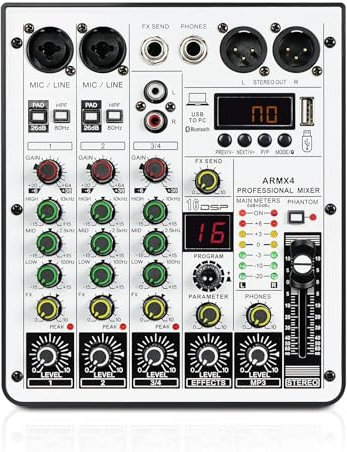 Mesa de Mezclas, Mezclador de Audio de 4 Canales, Mezclador DJ con Interfaz de Audio USB, Función, 16 Efectos DSP y EQ de 3 Bandas (ARMX-4)
