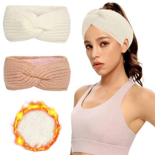NJCXOLA 2pcs Bandeau Cheveux Femme Hiver Polaire, Chaud Bandeau Hiver Femme Fille Beaux Crochet Headband Cache Oreilles Femme Tricoté Bandeau Oreille Femme Pratique Cadeau de Noël (Blanc,Rose)