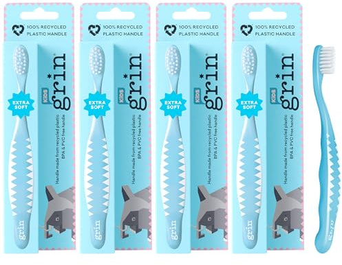 Grin Ultra Soft Kids & Toddler Toothbrush – Manual Full Mouth Brush Head for Whitening & Gum Care – 100% Recycled Oraganic Baby Toothbrush 12 Months and Up – 4 Count, Blue