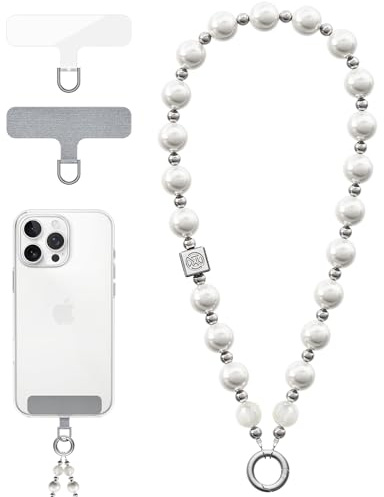 Vihibii für Handykette Universal, Handyanhänger, Armband, Handy Perlen Schlüsselband, Handschlaufe, Handygurt, Handyband, kompatibel mit jedem Handy, Smartphone und Handy Hülle, Weiss Perlen 12mm
