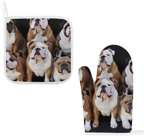 Ofenhandschuhe und Topflappen-Sets mit englischen Bulldoggen, Kochhandschuhe, Ofenhandschuhe, hitzebeständig, heiße Pads für Küche, Backen, Geschenke für Frauen, Kochhandschuhe zum Backen und für die