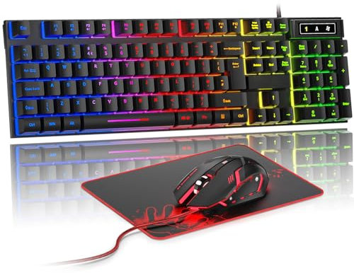 Rewurnth Gaming Keyboard and Mouse Set, UK Layout, RGB Backlit Wired Keyboard, Ergonomic 4-Color LED Gaming Mouse, Large Mousepad, USB Plug & Play for PC, Mac, PS4, Xbox