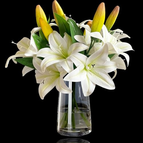 6 gigli artificiali, 37 cm, bouquet di giglio finto, piante artificiali per interni, per composizioni nuziali, feste, centrotavola, tavolo, decorazione per la casa (bianco)