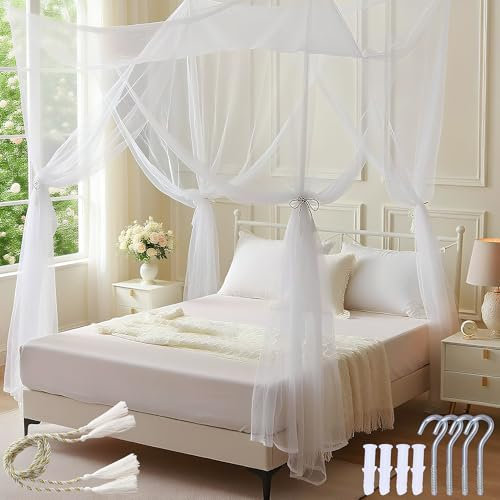 200 x 180 x 250 cm Mosquito Net Double Bed White Large 4 Corner Mosquito Netting/4 Poster Bed Canopy Decorative Princess Mesh Square Canopy Bedding for Indoor/Outdoor, Bedroom, Travel, Camping