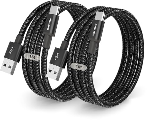 Philips DLC5030AA USB-C-kabel 2-pack 1 m, 18 W snabbladdning, PET-resistent flätad sladd, 480 Mbps dataöverföring, Typ-C-laddare för Android, CarPlay, Android Auto