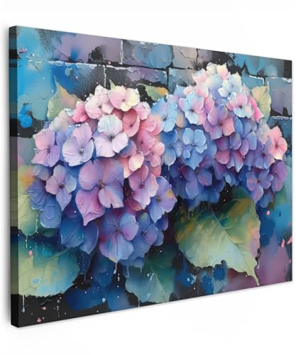 MuchoWow© Impression sur Toile Decoration Murale Peinture Tableaux | 40x30 cm - Decoratifs Muraux Déco Chambre Tableau Salon Hortensia - Graffiti - Fleurs - Hortensias Violets
